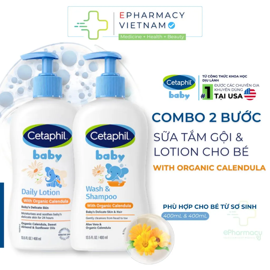 COMBO Cetaphil Baby With Organic Calendula Tắm Gội Cetaphil Baby & Sữa Dưỡng Da Mềm Mịn Cho Bé