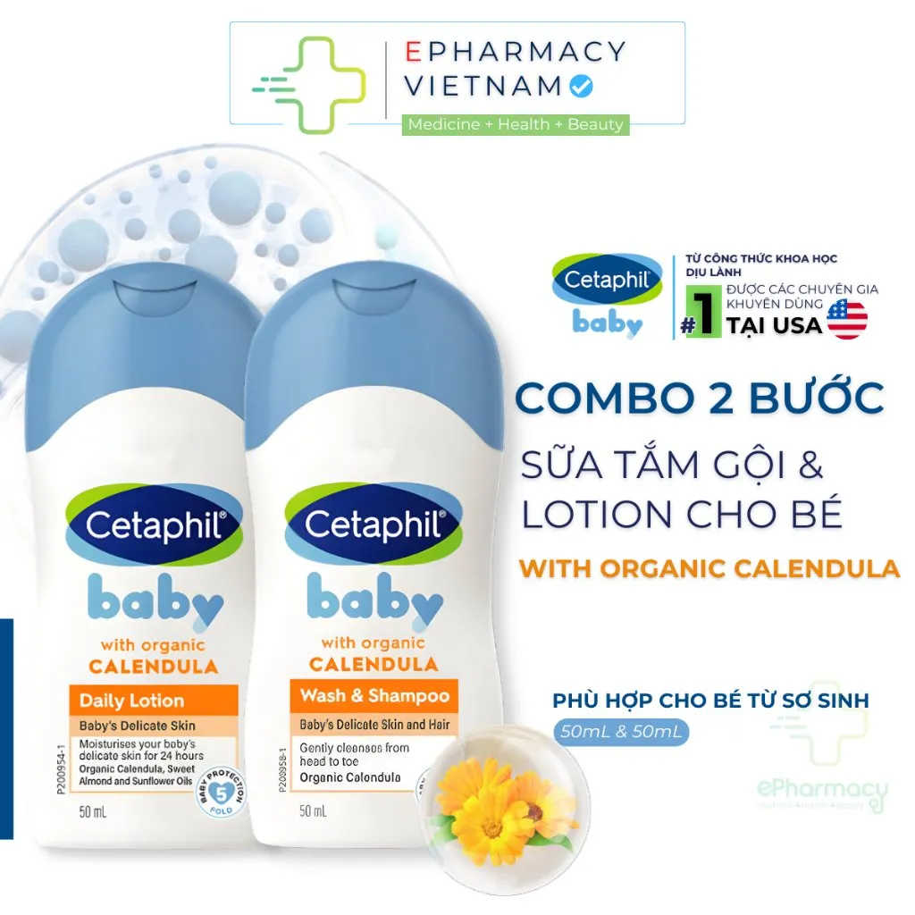 COMBO Cetaphil Baby With Organic Calendula Tắm Gội Cetaphil Baby & Sữa Dưỡng Da Mềm Mịn Cho Bé