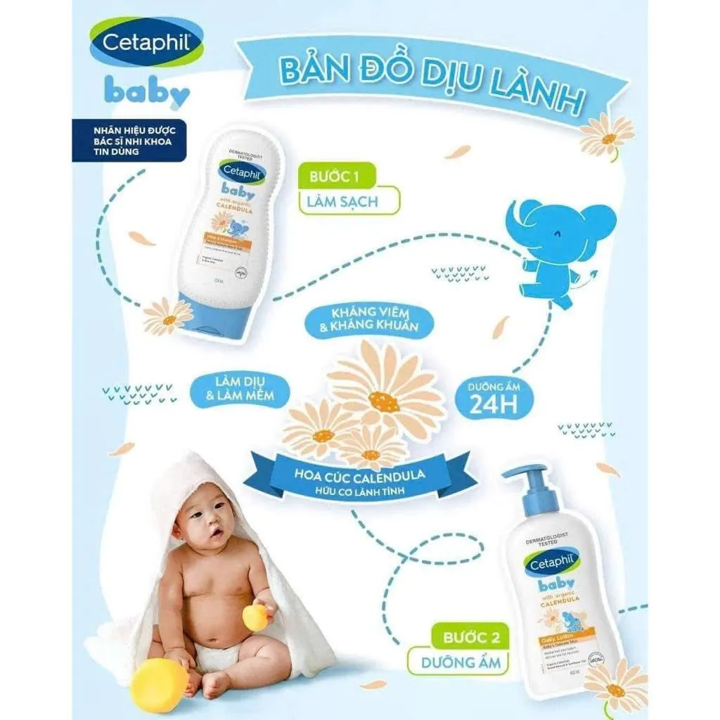 COMBO Cetaphil Baby With Organic Calendula Tắm Gội Cetaphil Baby & Sữa Dưỡng Da Mềm Mịn Cho Bé