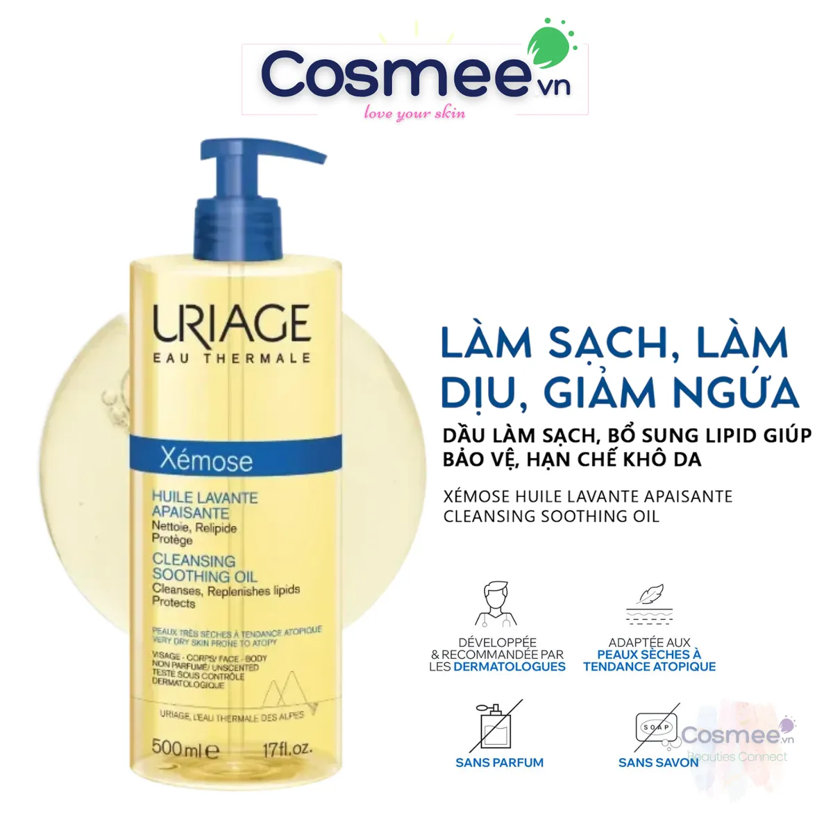 Gel Làm Sạch URIAGE Xémose Huile Lavante Apaisante Làm Sạch Dạng Gel Oil