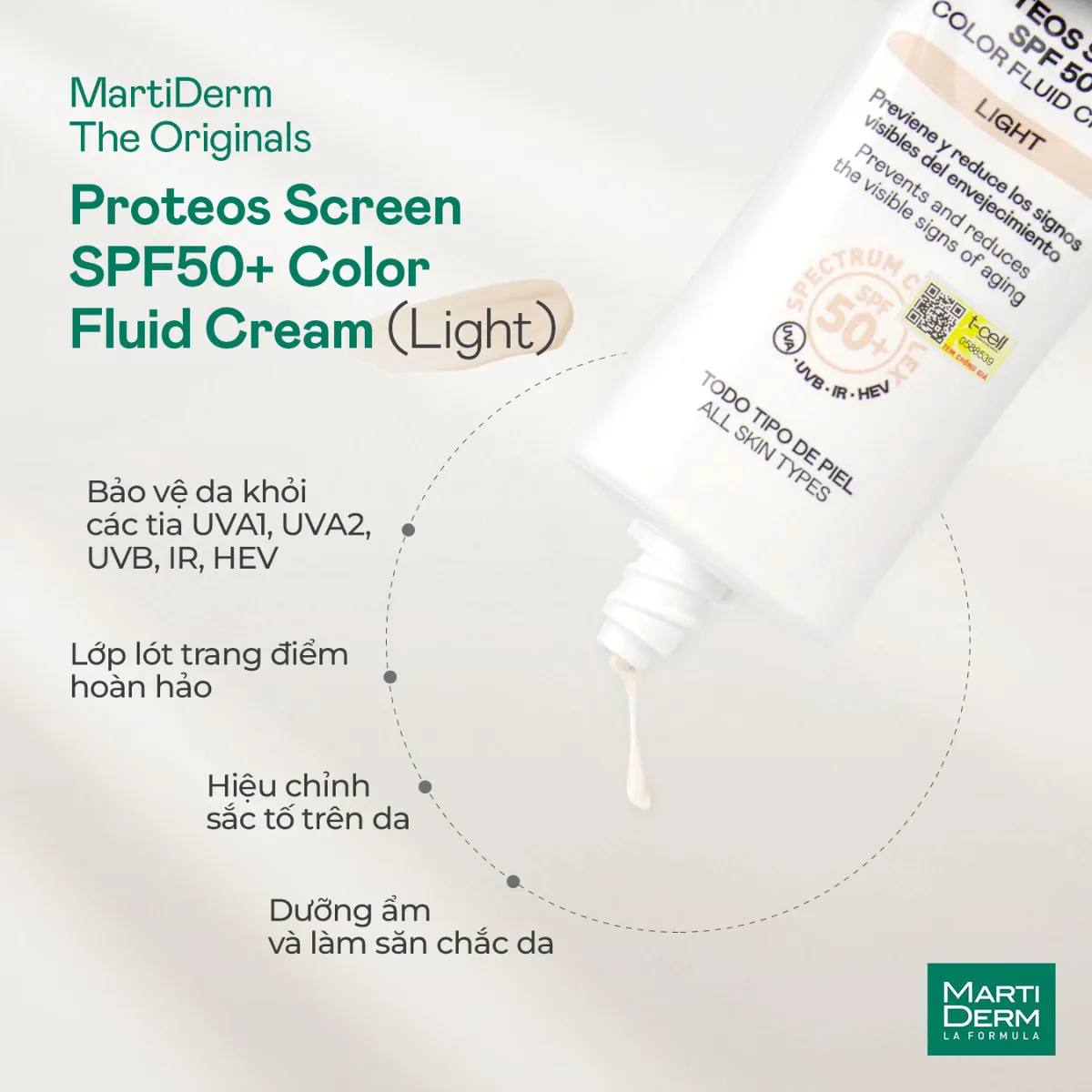 MartiDerm Proteos Screen SPF50+ Color (Light) - Kem Chống Nắng Nâng Tông & Đều Màu Da (40ml)