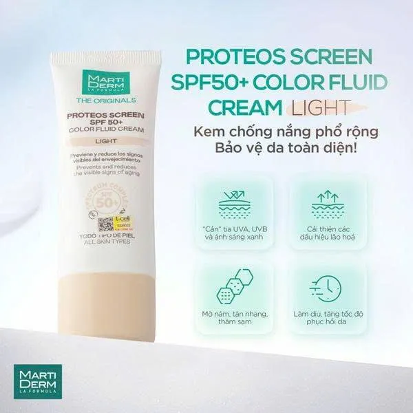 MartiDerm Proteos Screen SPF50+ Color (Light) - Kem Chống Nắng Nâng Tông & Đều Màu Da (40ml)