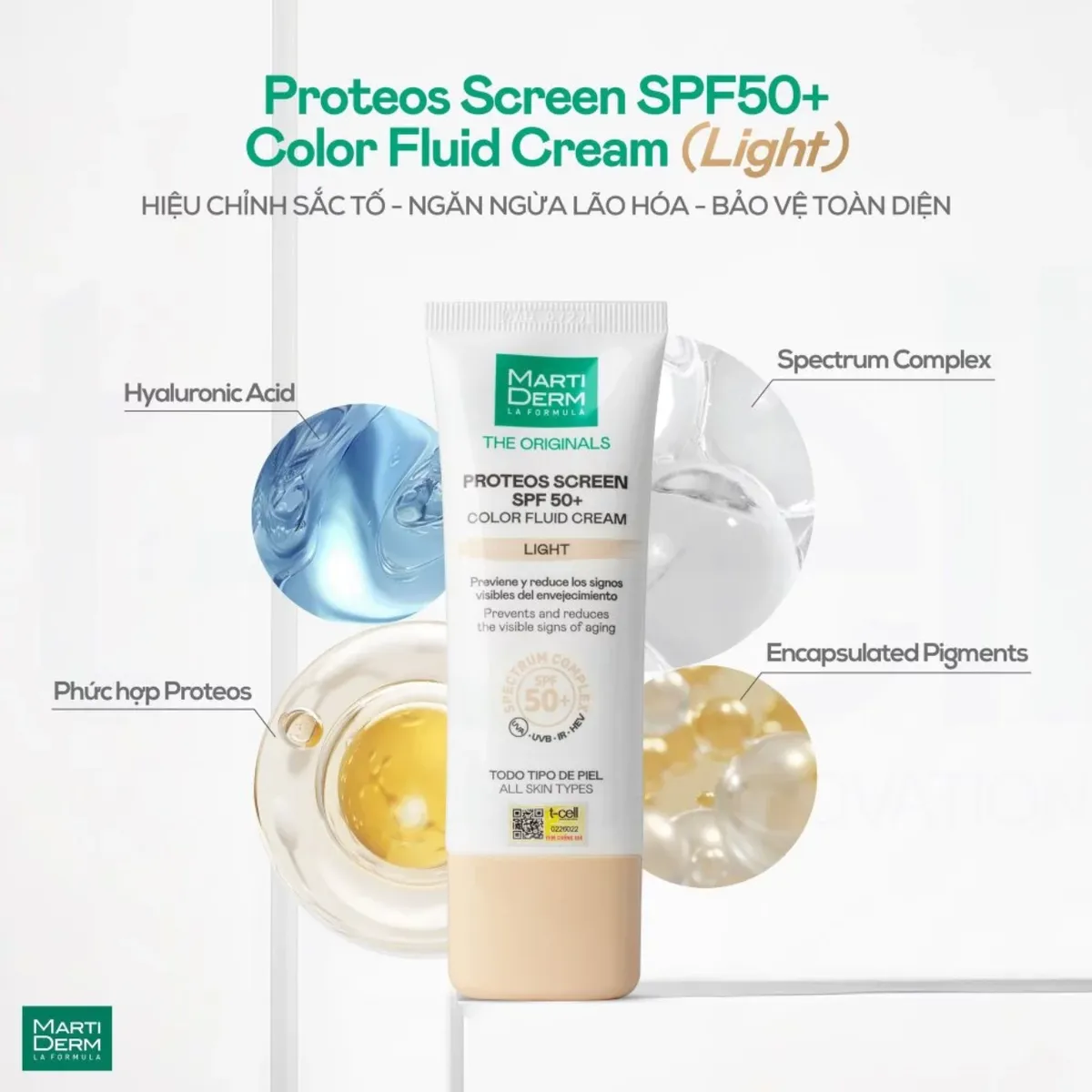 MartiDerm Proteos Screen SPF50+ Color (Light) - Kem Chống Nắng Nâng Tông & Đều Màu Da (40ml)