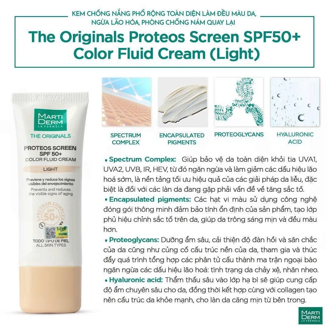 MartiDerm Proteos Screen SPF50+ Color (Light) - Kem Chống Nắng Nâng Tông & Đều Màu Da (40ml)