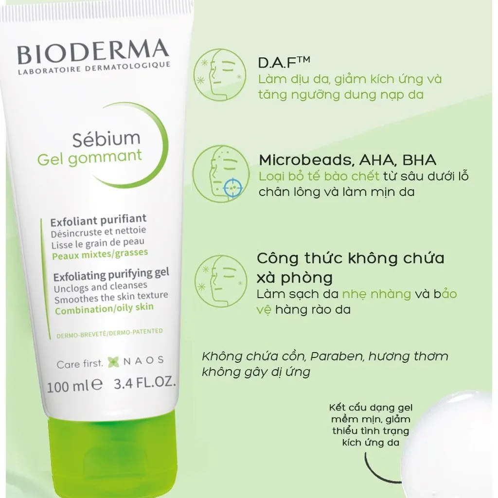 Gel Tẩy Tế Bào Chết Bioderma Sebium Gel Gommant Làm Sạch, Thông Thoáng Cho Da Dầu Mụn 100ml