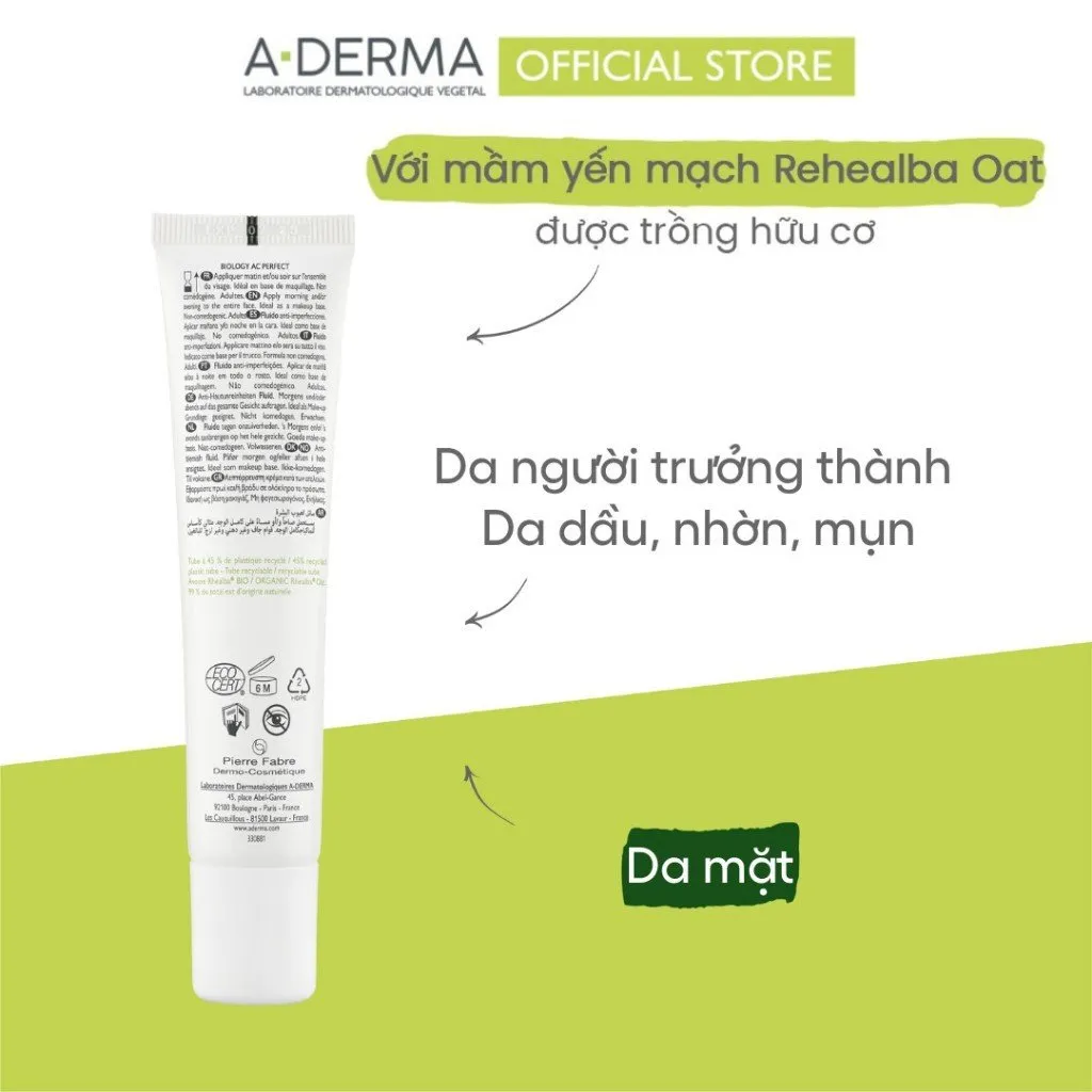 Kem Dưỡng A-derma Biology AC Perfect Anti-Blemish Fluid Giảm Mụn, Kiểm soát Bã Nhờn 40ml