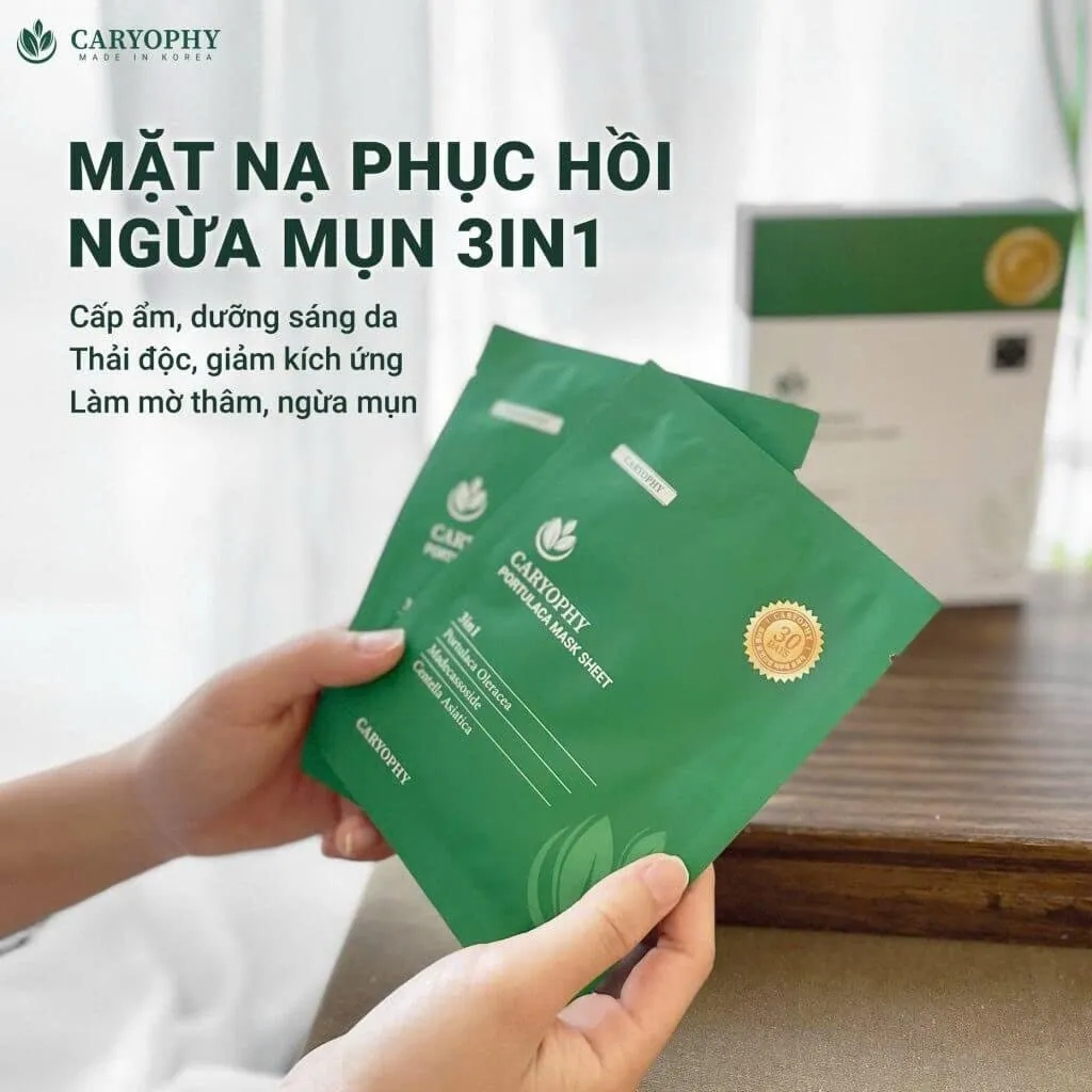 Mặt Nạ CARYOPHY Portulaca 3in1 Mask Sheet Giảm Mụn, Mờ Thâm, Dưỡng Da Trắng Sáng, Mềm Mịn - Hộp 10 Miếng