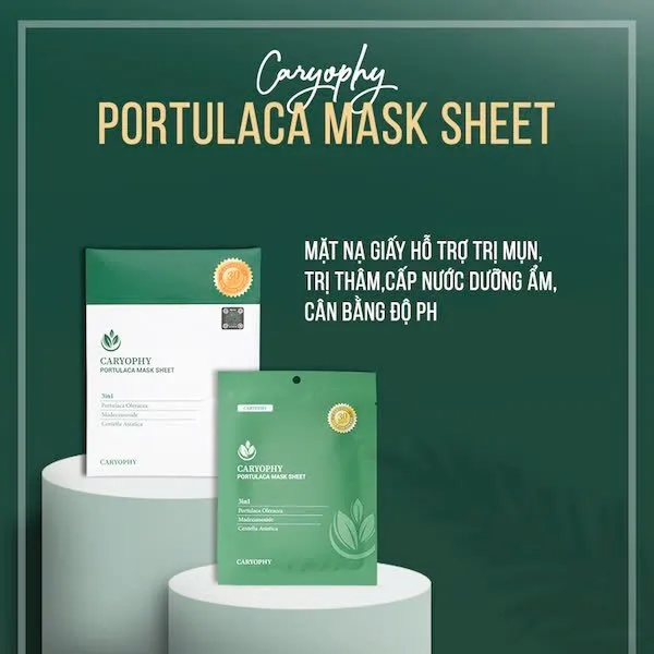 Mặt Nạ CARYOPHY Portulaca 3in1 Mask Sheet Giảm Mụn, Mờ Thâm, Dưỡng Da Trắng Sáng, Mềm Mịn - Hộp 10 Miếng