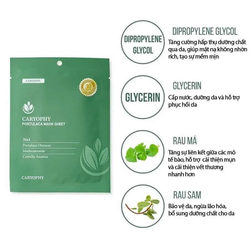 Mặt Nạ CARYOPHY Portulaca 3in1 Mask Sheet Giảm Mụn, Mờ Thâm, Dưỡng Da Trắng Sáng, Mềm Mịn - Hộp 10 Miếng