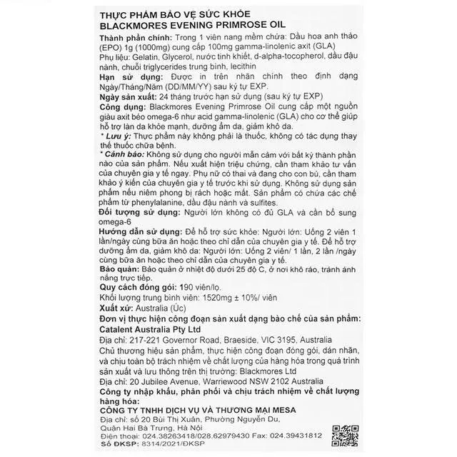 Tinh Dầu Hoa Anh Thảo BLACKMORES EVENING PRIMROSE OIL - 190 viên)