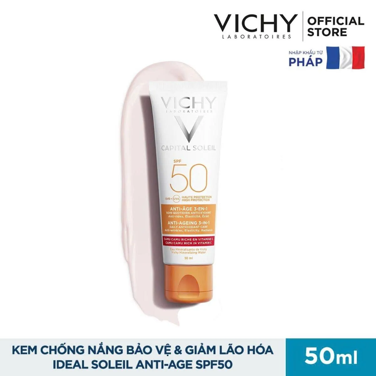 Kem Chống Nắng VICHY Capital Soleil Anti Ageing 3in1 SPF50+ UVB + UVA Hạn Chế Lão Hóa 50ml